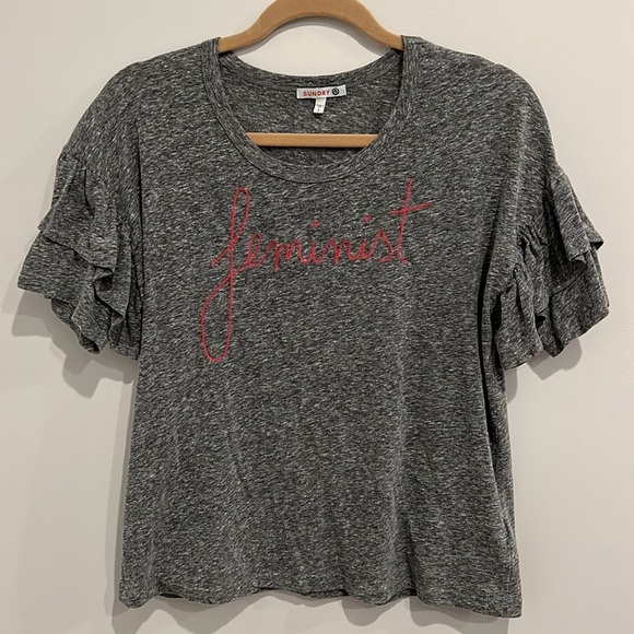 Sundry Feminist Embroidered Tiered Sleeve T-shirt/Sz 1 - Picture 3 of 5